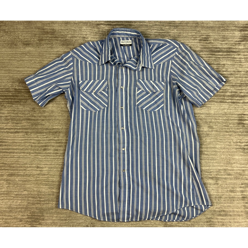Karman Western Shirt Mens L Blue White Silver Collection Pearl Snap Striped S/S